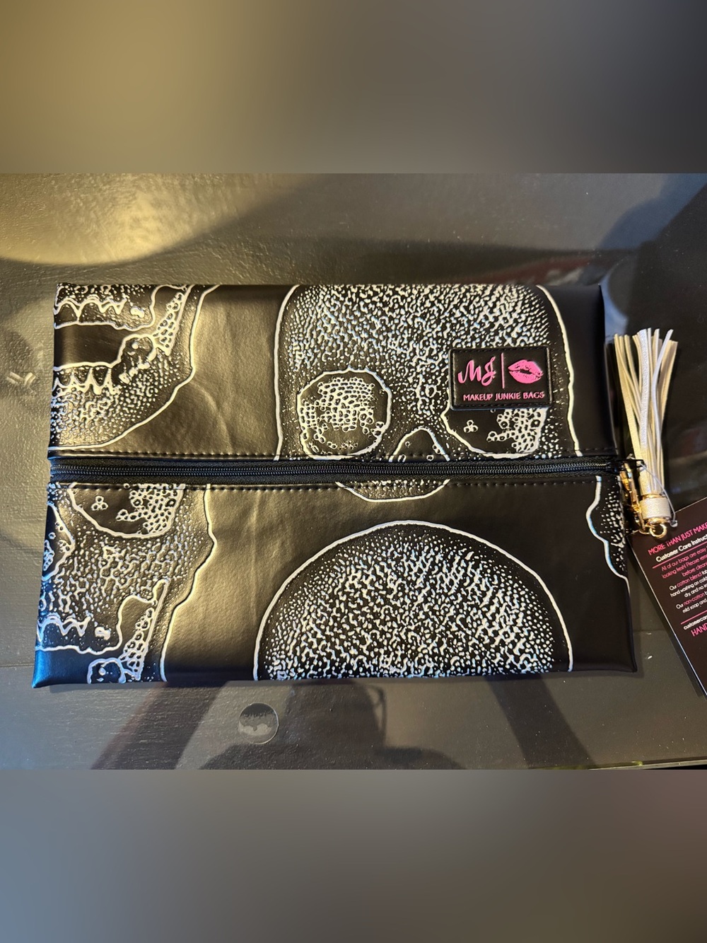 Makeup Junkie Bag Medium Black & White Rebel Skull Cosmetic Pouch with Tassel